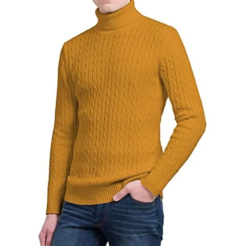 janisramone Mens High Polo Roll Neck Jumper Long Sleeve Cable Knitted Casual Winter Sweater Pullover Mustard Cover