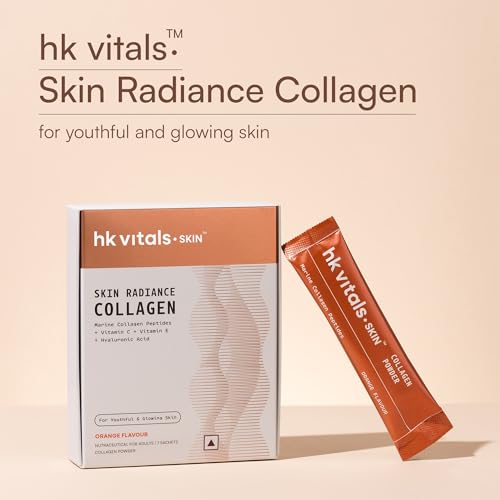 Image of hk vitals Skin Radiance Marine Collagen Supplement, Orange, 7 Sachets (8g Each) | Travel Pack | Vitamin C, E, Sodium Hyaluronate for Healthy Skin, Hair & Nails