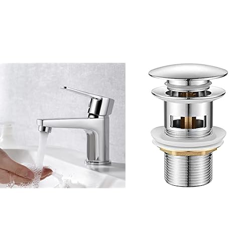 Ibergrif M11057 Star Miscelatore Monocomando Per Bagno, Rubinetto Per Lavabo, Cromo & Scarico Lavabo Bagno Universale Pop Up 1/4 '', Valvola Piletta Lavandino Click Clack, Con Troppopieno