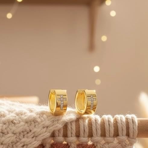 CZ Cross Yellow Gold Huggie Hoop Earrings, 18K Gold Plated Small Hinged Earrings with Cubic Zirconia, Religious Fashion Jewelry for Women - Image 8