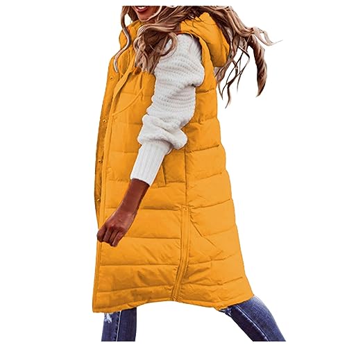 Long Puffer Vest for Women Padded Sleeveless Hooded Jackets Winter Trendy Zip Up Coat Jacket Quilted Warm Outerwear