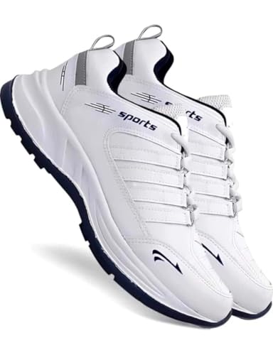 Image of Men's Sports Running Shoes, White and Navy, Memory Foam Insole, Lace-up Closure, Size 6 UK