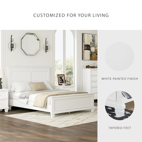 Image of Signature Design by Ashley Fortman White Wood Queen Panel Bed Frame | Modern farmhouse style, Durable hardwood solids and MDF substrate, Adjustable base compatible