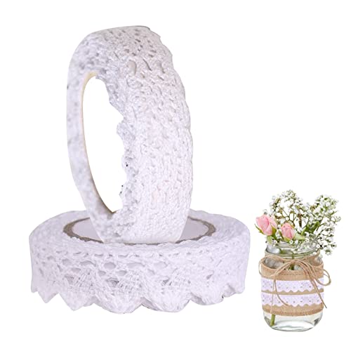 Yunzen 2Rollen Spitzenband Weiß Vintage Selbstklebend Deko Banderolen Spitze Spitzenbordüre Zierband Spitzenborte Spitzenbesatz Dtoffband Dchleifenband Hochzeit 3Mx15mm für Scrapbook Basteln Geschenk Cover