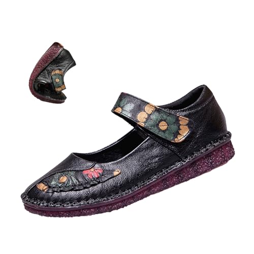 Women's Mary Jane Flats,Comfy Vintage Floral Print Leather Non-Slip Ox Softsole Adjustable Walking Casual Dress Shoes