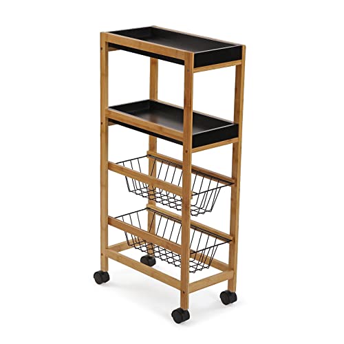 Versa Zenica Carro de Cocina con Ruedas, cajones y botellero, Verdulero con despensa y organizadores, con Ruedas y 4 estantes, Medidas (Al x L x An) 83 x 22 x 40 cm, Madera, Color Marrón y Negro