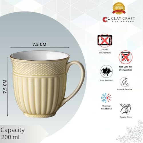 Image of Clay Craft Fine Ceramic Tea Cups Set of 6| 200 Ml Elegant Textured Cups with Comfortable Handle | Ideal for Tea| Coffee| Home Use & Gifting