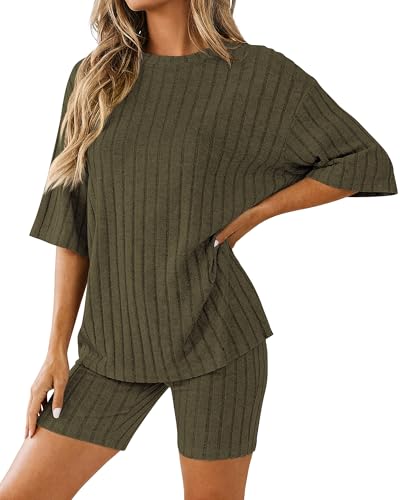 KIRUNDO Short Sets For Women Summer 2 Piece Matching Lounge Sets Casual Rib Knit Tshirts Biker Shorts Beach Vacation Outfits (Army Green, Large)