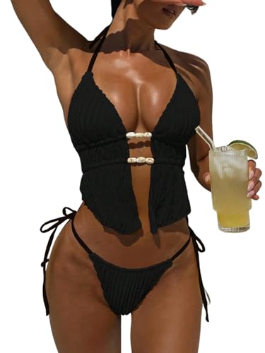 Image of ZAFUL Halter Swimsuits for Women Textured Backless 2 Piece Bathing Suits Cheeky High Cut String Tie Side Bikini Sets