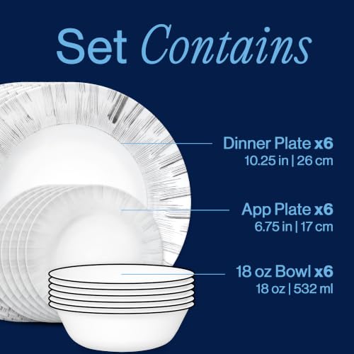 Image of Corelle Vitrelle 18-Piece Service for 6 Dinnerware Set, Triple Layer Glass and Chip Resistant, Lightweight Round Plates and Bowls Set, Arica