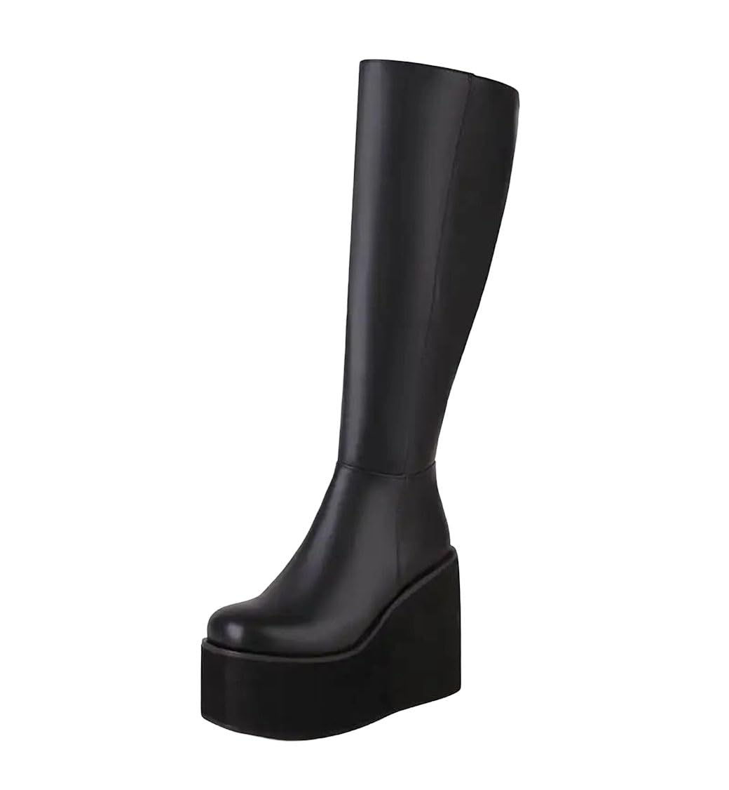 Womens Knee High Boots Round Toe Wedges Platform Zipper Plus Size Winter Shoes