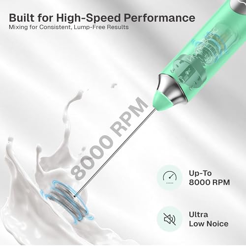 Image of HOMEBASIC Coffee Frother Electric Handheld, 3-Speed Milk Frother Rechargeable with Dual 304 SS Whisks, 8000 RPM Foam Maker for Latte, Cappuccino, Matcha, Eggs | Whisk Wave (GRN)