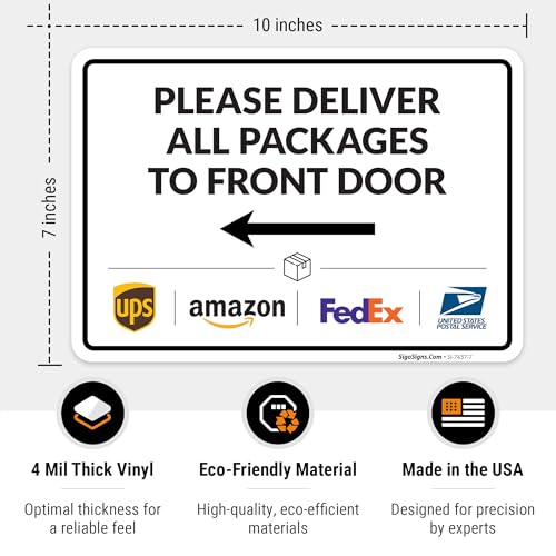 Image of Package Delivery Sign & Instructions Deliver All Package to Front Door Left Arrow, 10x7 Inches, 4 Mil Vinyl Decal Stickers Weather Resistant, Made in USA