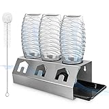 ROSSETTO Abtropfhalter für SodaStream Flaschenhalter aus Edelstahl, 3er Abtropfgestell ohne scharfe Kanten mit Gummiringschutz, Flaschenbürste und Silikon Abtropfmatte