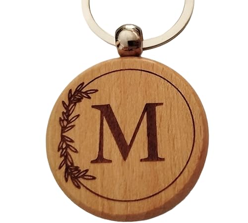 M Porte-clés Personnalisé Lettre M en Bois Gravé - Porte Clef Maison Voiture Cadeau Personnalisé Idéal pour Noël, Anniversaire ou Toute Occasion