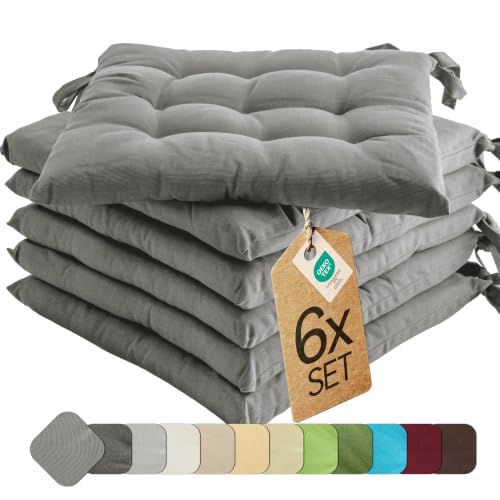 etérea Coussin de Chaise 40x40 cm Gris – Galette avec Liens, Mousse Indéformable, Intérieur & Extérieur, Lot de 6 pour Chaise de Jardin, Salle à Manger...