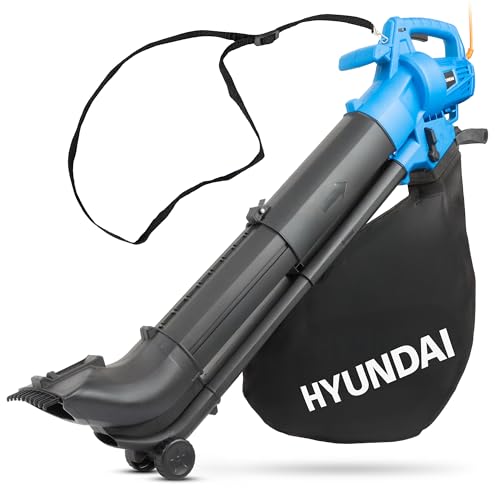 Hyundai 3000W Leaf Blower, Garden Vacuum & Mulcher, 45L Bag, 12m Cable, Variable Airspeed 62–170mph, Lightweight Electric Garden Tool – Blue