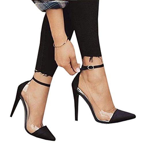 Ermonn Womens Pointed Toe Clear Stiletto High Heels Pumps Ankle Strap D'Orsay Wedding Bridal Shoes Black - Image 3