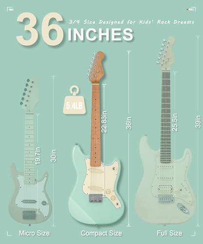 Image of AKLOT Mini Kids Electric Guitar: 3 /4 Size Guitar Kit for Beginners, 1.5in Narrow Neck for Small Hands, Easy to Play, Age 6-12, 36 inch, 10W Amp, Gig Bag, Strap, Cable, Picks & Lesson Book (Green)