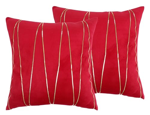 Image of Amazon Brand - Umi Gold Leather Striped Pack of 2 Throw Pillow Covers Velvet Decorative Cushion Covers Cases for Sofa Bedroom Livingroom Car 14 x 14 in Wine Color
