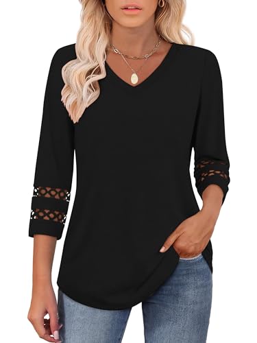 LACOZY Camisas de manga larga 3/4 para mujer, cuello en V, encaje de ganchillo, elegante, con hueco, casual, para verano, a la moda, Negro, L