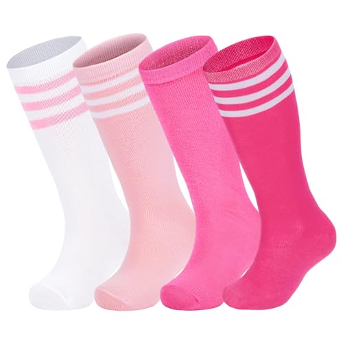 Image of Zando 4 Pairs Kids Soccer Socks Baseball Softball Youth Athletic Boys Girls Knee High Socks, Multi Pink, 10-12 Years