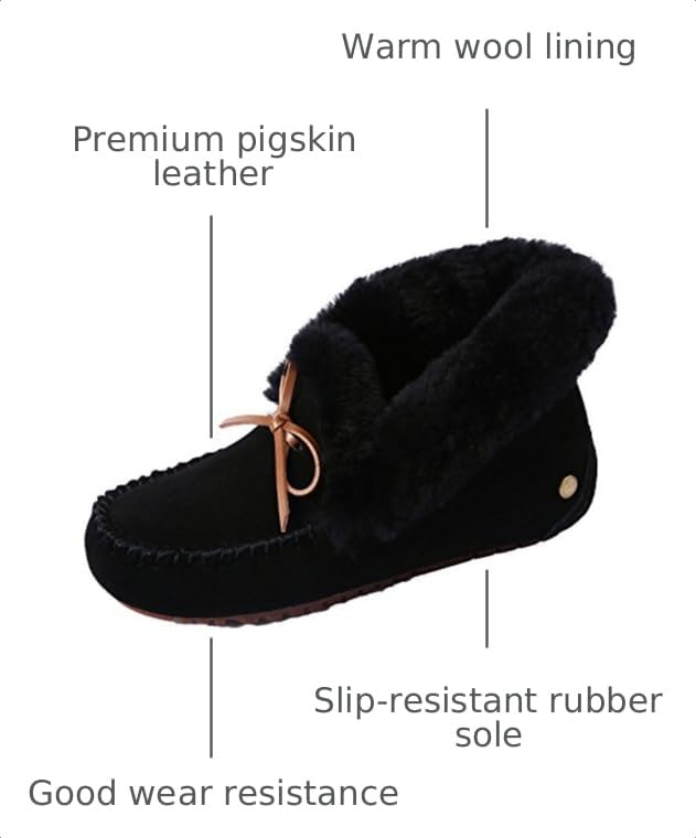 Image of Women's Moccasin Slippers with Warm Wool Lining, Pigskin Leather Non-Slip Rubber Sole for Indoor and Outdoor Casual Winter Flat Shoes
