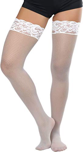 Image of ToBeInStyle Women's Wide Floral Lace Fishnet Thigh Hi Stockings