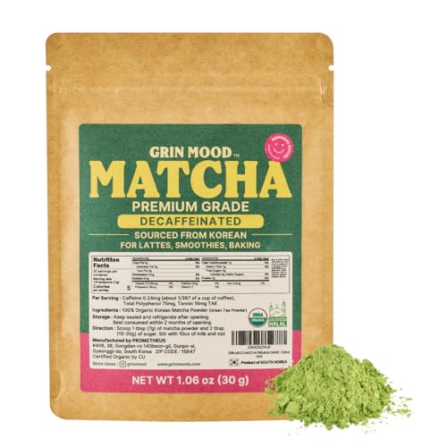 GRIN MOOD Matcha Organic Premium Green Tea Powder(1.06oz) - Decaffeinated Green Tea, Authentic Korean Matcha, Halal