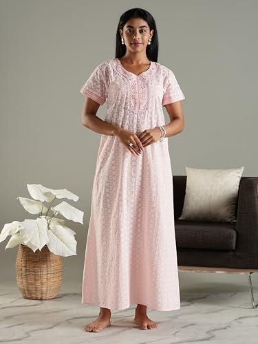 Image of 9shines Label Stylish Chikankari Cotton Nighty Maxi for Women | Full Length Nightgown | Nightdress with Pocket | Embroidery Nighty | Soft Comfortable Cotton Nightwear (1545)