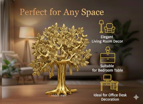 Image of Metal Kalpavriksha Tree for Home Decor - Golden Wish Fulfilling Tree Metal Showpiece for Temple, Vastu, Office Table & Gifting Banyan (No 2 Golden)