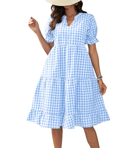 chouyatou Women's Y2k Plaid Babydoll Dress Puff Sleeve Ruffle Hem Short Dress Retro Gingham Swing Midi Dress (Medium, Blue)