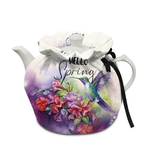 Image of Spring Hummingbird Flower Tea Pot Cozies Washable Teapot Protective Cover Insulation and Keep Warm Heat Preservation Tea Cosy Tea Kettle Quilt with Drawstring for Tea Party Decor