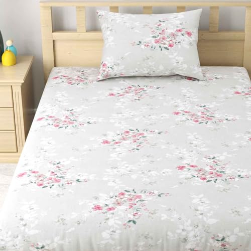 Image of Haus & Kinder Satin Floral 100% Cotton Bedsheet with 1 Pillow Cover, 186 TC, Size 88 inch by 58 inch (Grey)