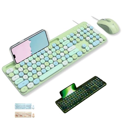 X9 Wired Keyboard and Mouse Combo - Cute Backlit Keyboard with Round Keycaps, 109 Silent Keys Fullsize with Phone/Tablet Dock, Aesthetic and Pastel Colorful Keyboard for Laptop, PC, Chrome - Green