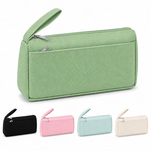 Estojo Organizador Escolar em Tecido Modelo Retangular com Zíper Metálico Dois Bolsos Tecido Resistente Alça para Transporte Espaçoso para Canetas Maquiagem Acessórios Escola Trabalho (Verde)