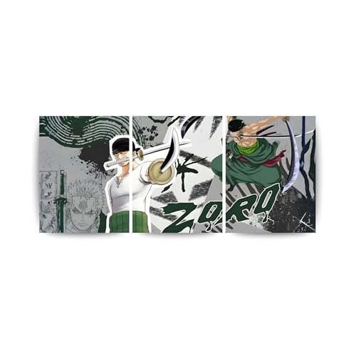 Image of ADRAIL STORE One Piece Anime Manga Poster, Zoro Character Design Wall Poster 3 Panal - A4 Size, 300 GSM, Wall Decor Posters Wall Art For Bedroom, Living room, Office, Dining Room,No Frame (Zoro-3)