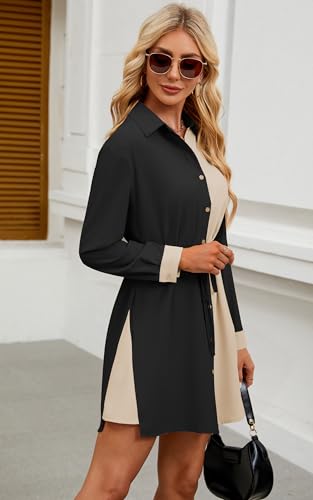 Image of ECOWISH Womens Button Shirt Dress with Pockets Fall Summer Short Mini Dresses Long Sleeve 3 /4 Sleeve Long Tunics Blouse Belt