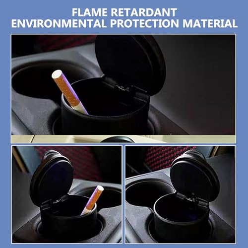 Image of Shakas Car Ashtray with Lid, One Hand Opening and Closing Creative LED Light Design High Temperature Resistant Flame Retardant Liner Small Trash Can, Portable Accessories for Most Cars (Black)