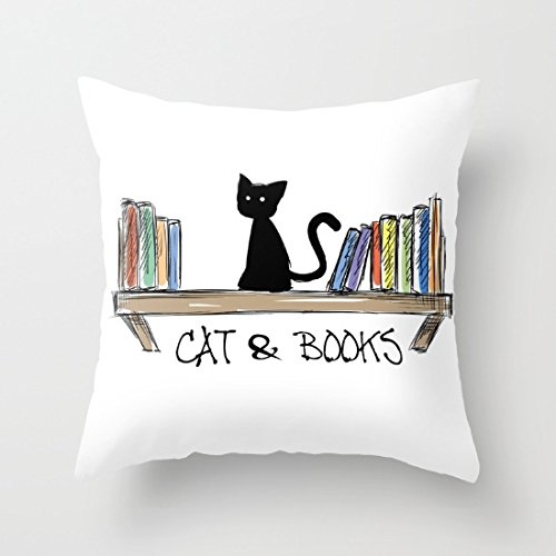 Decorative Square Pillow Case Cushion Cover 18X18 Inches Pillow Covers - Cat & Books Throw Pillow Case