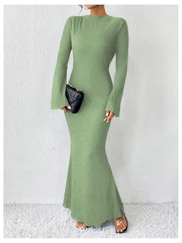 Image of GORGLITTER Women's Bell Long Sleeve Cocktail Maxi Dress Crew Neck Bodycon Fishtail Casual Long Dresses