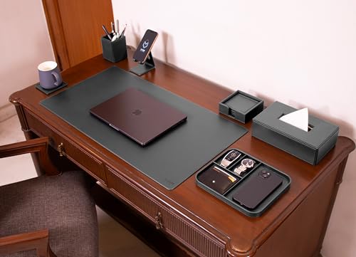 Image of V-CUBE Designs Premium Vegan Leather Executive Set of 6| Multipurpose Personal Desk Organizer| Desk Mat | Valet Tray| Tissue Holder | Pen Holder| Coaster | Mobile Stand for Office Table & Home - Grey