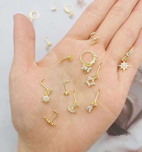 SAMOCO 20Pcs 20G Dangle Nose Ring L Shaped Dangling Nose Stud for Women Stainless Steel Nose Ring Studs CZ Flower Dangle Nose Rings Hoops Nose Piercing Jewelry 6