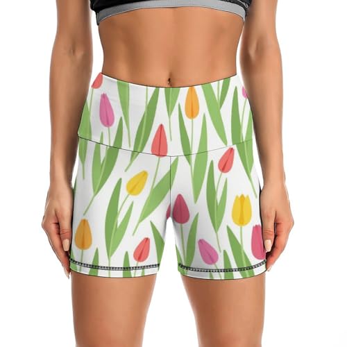Cute Stylish Tulips Pattern High Waist Yoga Shorts for Women Athletic Shorts Leggings Running Pants Black