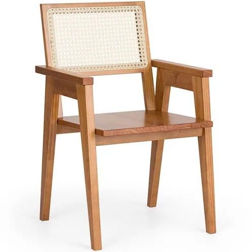 Image of Solid Sheesham Wood Dining Chair with Cane Backrest | Modern Wooden Arm Chair for Dining Room, Living Room & Cafe | Handcrafted Rattan Accent Chair | Natural Finish