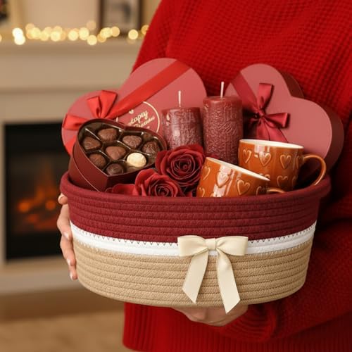 Image of Colingmill 1 Set Woven Basket for Gift Empty with Cellophane Wrap Set 14 x 10 x 5.5 Inch, Medium Decorative Gift Basket Empty to Fill, Cotton Rope Storage Box Decor (Brick Red Khaki)