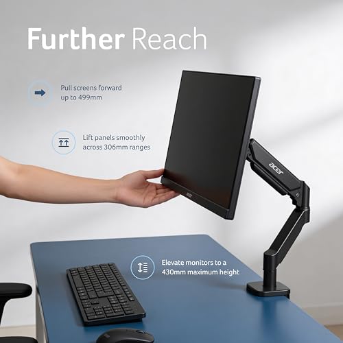 Image of Acer FlexArm Pro Monitor Arm Gas Spring Desk Mount for 13-32 Inch Monitors with 10kg Load Capacity, 360 Rotation, Tilt Swivel Adjust, VESA 75x75 & 100x100, C-Clamp Grommet Mount, Aluminium Build