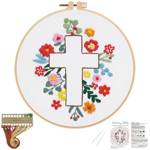 Image of Louise Maelys Cross Embroidery Kit for Beginner(Easter Jesus) | Cross Embroidery Starter Kit With Stamped Fabric, Hoop, Threads, Needles And Instructions For Adults,Easy Needlepoint,Gifts