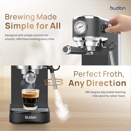 Image of Budan Bolt Espresso Machine | 19-Bar Pump | Milk Frother Wand for Espresso, Cappuccino, Latte & Mocha | Adjustable Frothing | Stainless Steel | Midnight Black | 1-Year Home Use Warranty only | 19 Bar Pump, Milk Frother Steam Wand for Cappuccino, Latte, 1450W Quick Heating, 1-Year Home Use Warranty