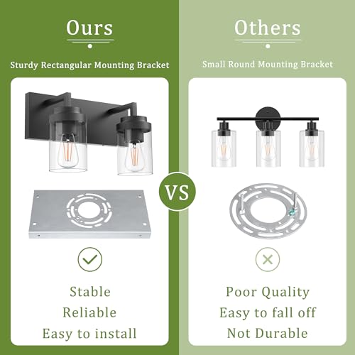 Image of Bathroom Vanity Fixtures, 2 Light Matte Black Vanity Light with Clear Glass Shade, 15in Farmhouse wall Light, Lighting Fixture Over Mirror for Bathroom